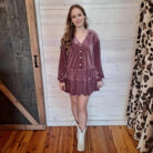 Tiered Textured Woven Long Sleeve Holiday Velvet MIni Dress with Pockets