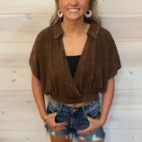 Washed Linen Banded Hem Surplice Cropped Top