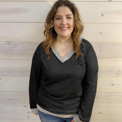 Long Puff Sleeve Solid Reverse Contrast V Neck Top