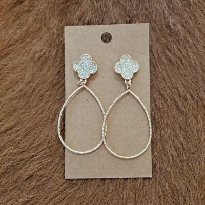 Gold Pave Clover Teardrop 2" Earrings