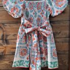 Border Danmask Print Bubble Sleeve Belted Woven Romper with Pockets
