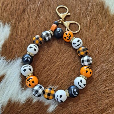 Halloween Pumpkin Wood Bead  Wrist Keychain