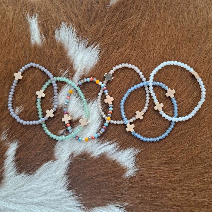 Duel Cross Accent Beaded Stretch Bracelet