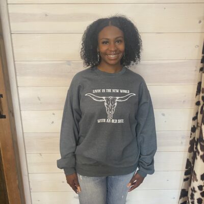 Livin' in the New World with an Old Soul  Bull Skull Graphic Sweatshirt