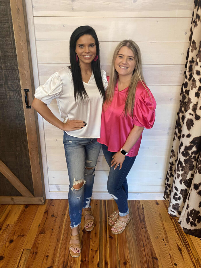Plain Satin Puff Shirring V-Neck Blouse