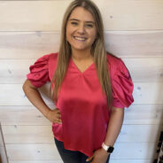 Plain Satin Puff Shirring V-Neck Blouse