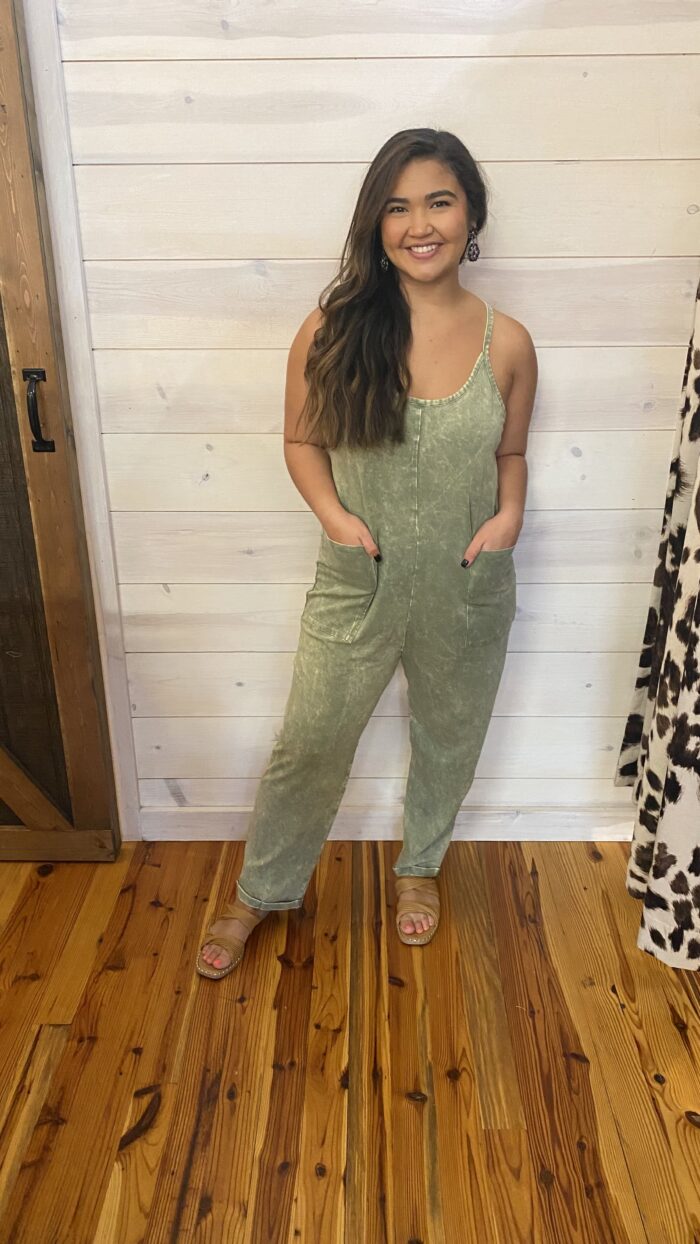 Washed Spaghetti Straps Overalls with Pockets
