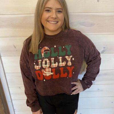 Holly Jolly Dolly Long Sleeve Cropped Graphic Top