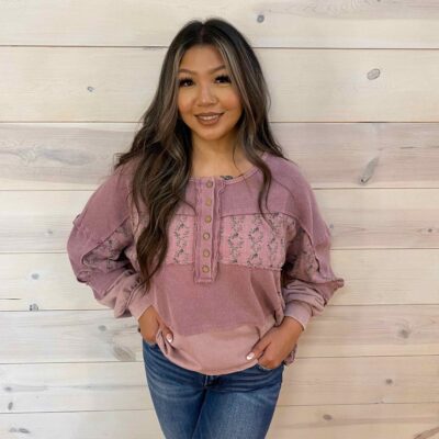Oversized Thermal French Terry Waffle Mix Floral Patchwork Design Long Sleeve Top