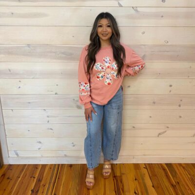 Flower Patchwork Drop Sleeve Pullover Sweatshirt