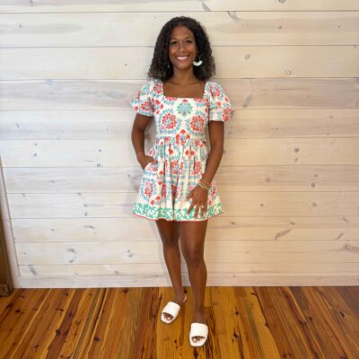 Border Danmask Print Bubble Sleeve Belted Woven Romper with Pockets