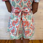 Border Danmask Print Bubble Sleeve Belted Woven Romper with Pockets