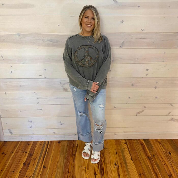 Mineral Washed Peace Sign Patch Design Terry Pullover