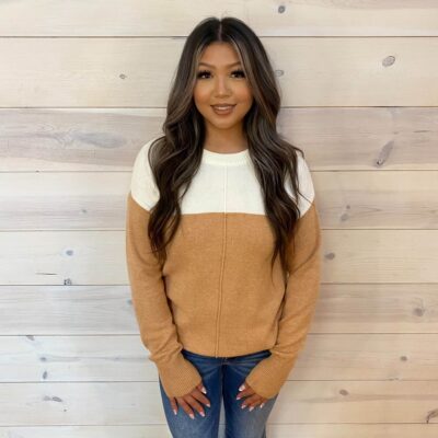 Color Block Ribbed Trim Round Neck Sweater