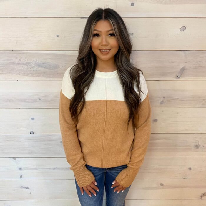 Color Block Ribbed Trim Round Neck Sweater