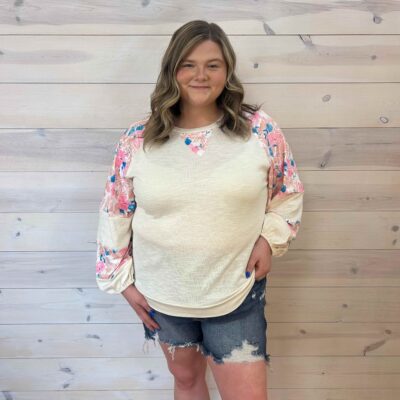 Floral Ribbed Puff Long Sleeve Top