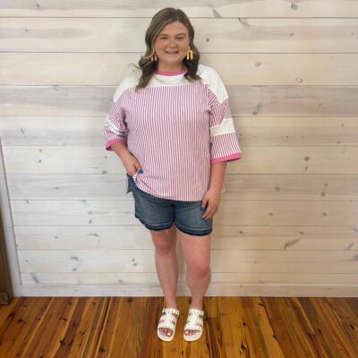 Stripe Patchwork 3/4 Sleeve Top