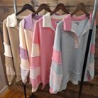French Terry Knit Colorblock Collared Loose Fit Top