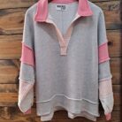 French Terry Knit Colorblock Collared Loose Fit Top