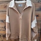 French Terry Knit Colorblock Collared Loose Fit Top