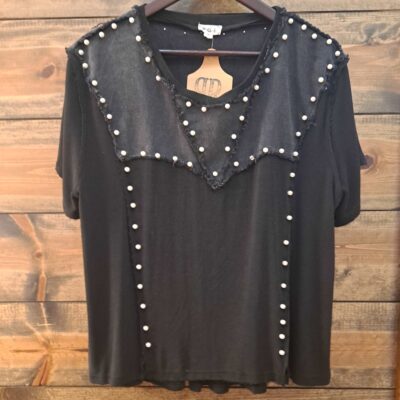 Oversized 1/2 Sleeve Pearl Detail Ribbed Top