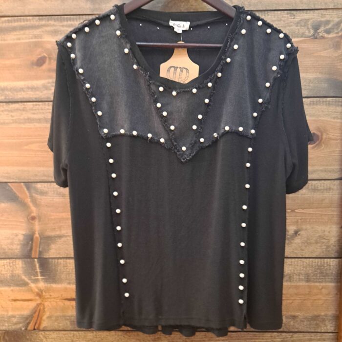 Oversized 1/2 Sleeve Pearl Detail Ribbed Top