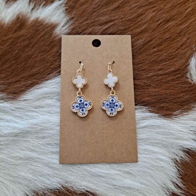 Blue Enamel Clover Drop Earrings