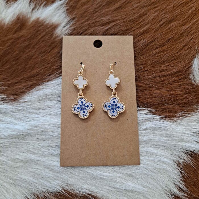 Blue Enamel Clover Drop Earrings