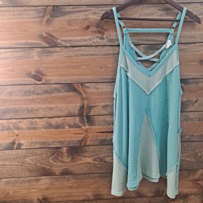 100% Cotton Woven Waffle Patchwork V-Neck Crisscross Back Mini Dress