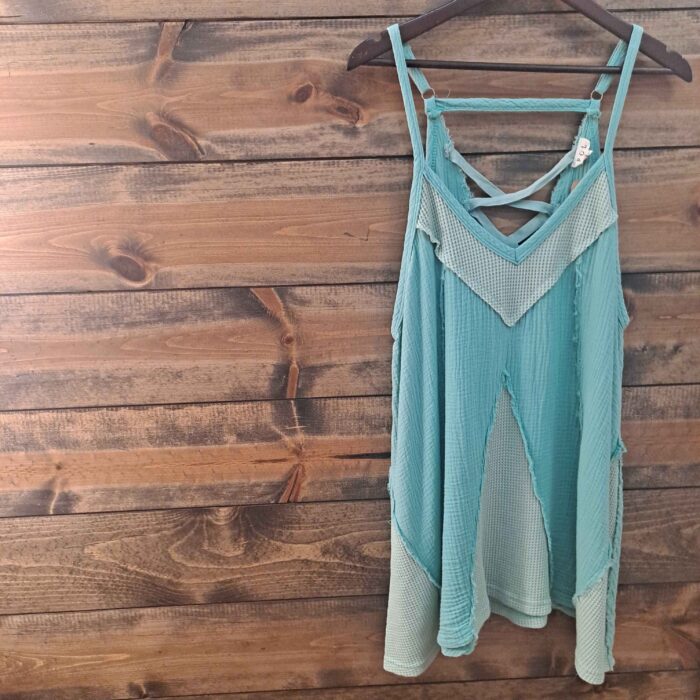 100% Cotton Woven Waffle Patchwork V-Neck Crisscross Back Mini Dress