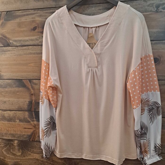 Polka Dot Palm Frond Patchwork Puff Long Sleeve V Neck Blouse