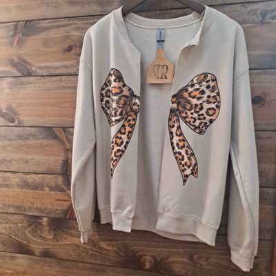 Leopard Bow Crew Neck Long Sleeve Sweatshirt Cardigan