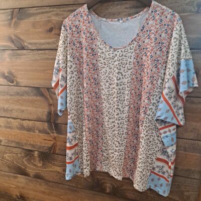 Color Block Leopard Floral Bat Wing Sleeves Blouse