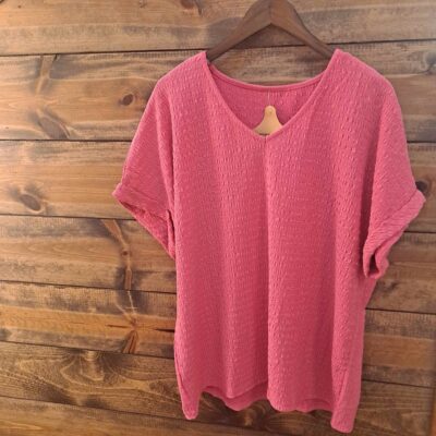 Crinkle V Neck Cuffed Short Sleeve Top