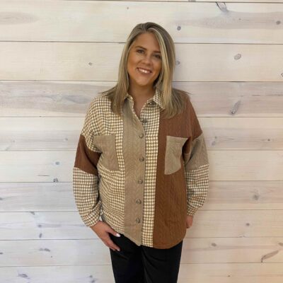 Houndstooth Color Contrast Textured Patchwork Button Up Loose Shacket