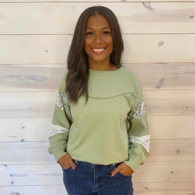 Floral Plaid Mixed Sleeve Raw Edge Relaxed French Terry Top