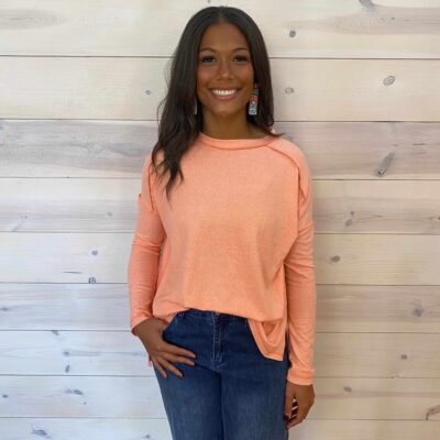 Soft Melange Hacci Exposed Seam Hi-Low Long Sleeve Top