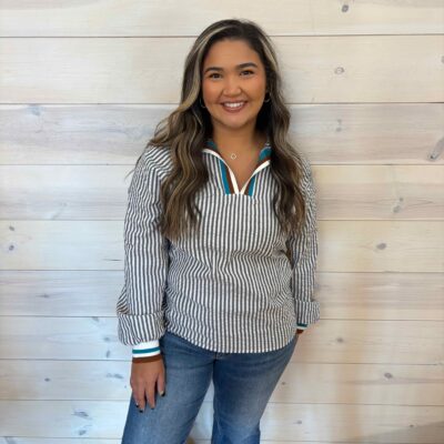 Striped Print Contrast Split Neck Long Sleeve Blouse