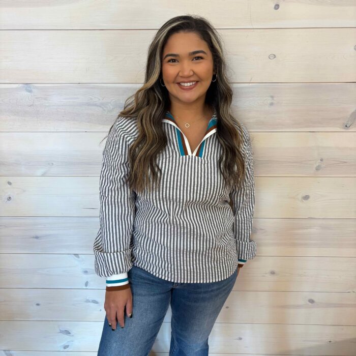 Striped Print Contrast Split Neck Long Sleeve Blouse