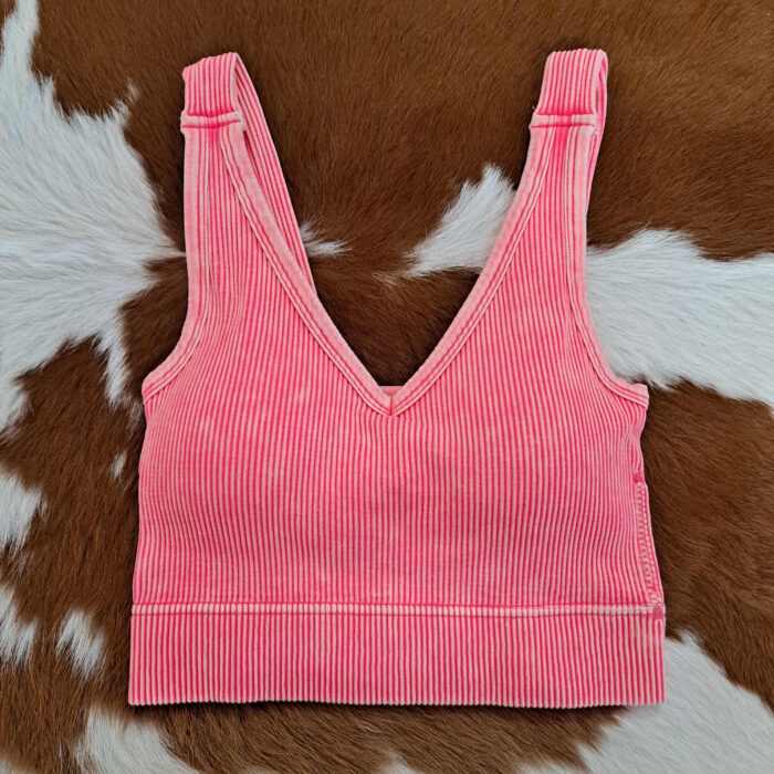 Washed Ribbed Cropped Bra Padded V-neck Tank Top Washed Ribbed Cropped Bra Padded V-neck Tank Top