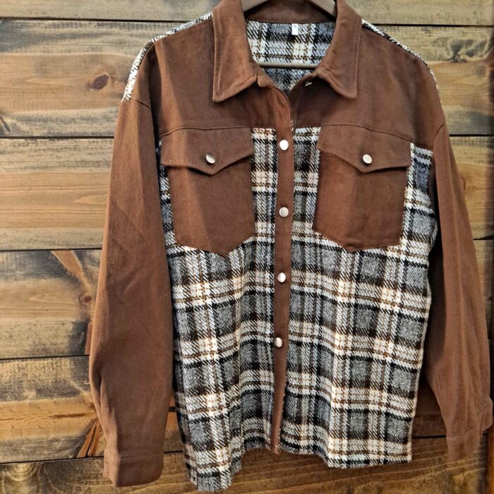 Collared Plaid Splicing Open Button Jacket