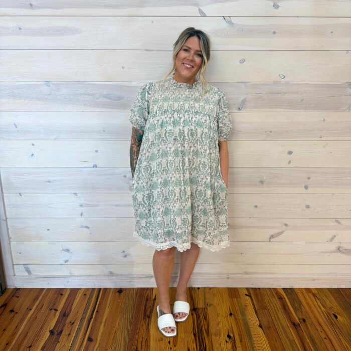 Printed Cotton Voile Crochet Dress With Pockets