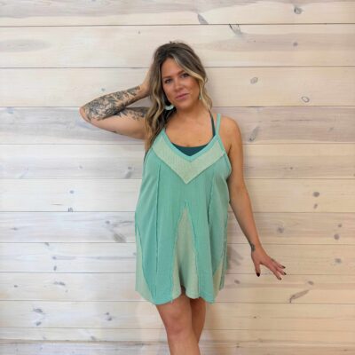 100% Cotton Woven Waffle Patchwork V-Neck Crisscross Back Mini Dress