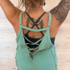 100% Cotton Woven Waffle Patchwork V-Neck Crisscross Back Mini Dress