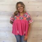 100% Cotton Geometric Embroidered Tassel Tie Blouse