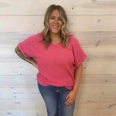 Crinkle V Neck Cuffed Short Sleeve Top