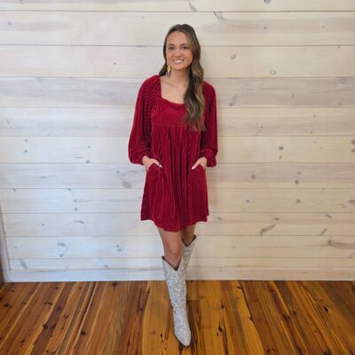 Tie Back Square Neck Velvet Babydoll Dress with Pockets