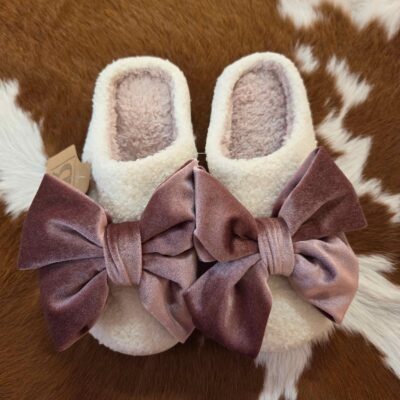 Glister Ribbon Bow Decor Contrast Liner Plush Slippers