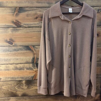 Ribbed Collared Button Down Side Pocket Shacket