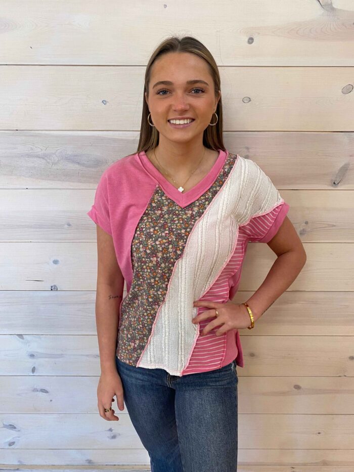 Color Block Patchwork V-Neck Short Sleeve Top